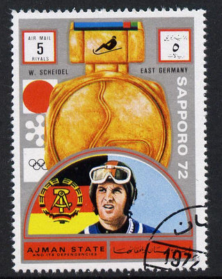 Ajman 1972 Sapporo Winter Olympic Gold Medallists - East Germany Scheidel Bob Sled 5r cto used Michel 1643