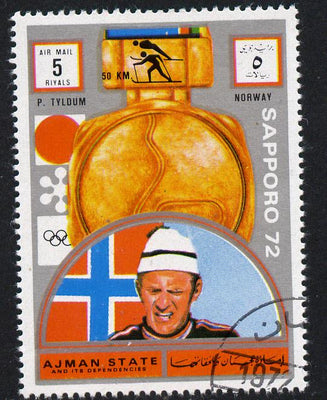 Ajman 1972 Sapporo Winter Olympic Gold Medallists - Norway Tyldum Cross-Country Skiing 5r cto used Michel 1640