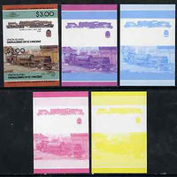 St Vincent - Union Island $3 Locomotive class 2-8-0 + 0-8-2 set of 5 imperf se-tenant proof pairs printed in blue, magenta, yellow, blue & magenta plus all 4 colours unmounted mint