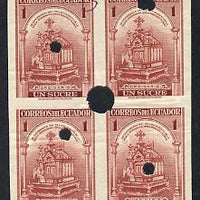 Ecuador 1946 30th Death Anniv of Blessed Mariana 1s Urn imperf proof block of 4 with security punctures with flaw high-lighted by checker for correcting on gummed paper as SG 798