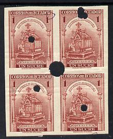 Ecuador 1946 30th Death Anniv of Blessed Mariana 1s Urn imperf proof block of 4 with security punctures with flaw high-lighted by checker for correcting on gummed paper as SG 798