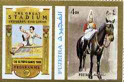 Fujeira 1972 Horse Guard, London 4 Dh perf se-tenant with label (showing Jumper) from Olympics Games - People & Places set of 20 unmounted mint, Mi 1043A