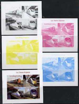 Chad 2014 High Speed Trains #1 sheetlet containing 4 values - the set of 5 imperf progressive proofs comprising the 4 individual colours plus all 4-colour composite, unmounted mint.