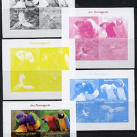 Chad 2014 Parrots sheetlet containing 4 values - the set of 5 imperf progressive proofs comprising the 4 individual colours plus all 4-colour composite, unmounted mint.