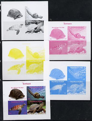 Mali 2014 Turtles sheetlet containing 4 values - the set of 5 imperf progressive proofs comprising the 4 individual colours plus all 4-colour composite, unmounted mint