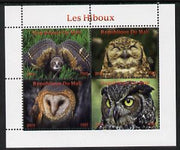 Mali 2014 Owls perf sheetlet containing 4 values unmounted mint. Note this item is privately produced and is offered purely on its thematic appeal