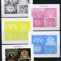 Mali 2014 Owls sheetlet containing 4 values - the set of 5 imperf progressive proofs comprising the 4 individual colours plus all 4-colour composite, unmounted mint