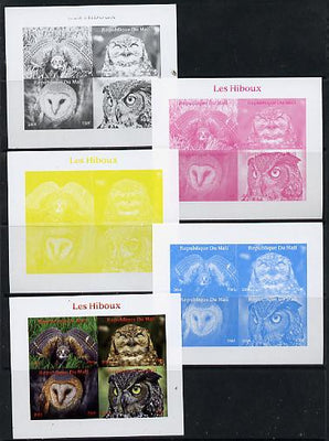 Mali 2014 Owls sheetlet containing 4 values - the set of 5 imperf progressive proofs comprising the 4 individual colours plus all 4-colour composite, unmounted mint