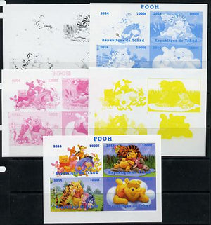 Chad 2014 Walt Disney's Pooh sheetlet containing 4 values - the set of 5 imperf progressive proofs comprising the 4 individual colours plus all 4-colour composite, unmounted mint.