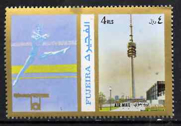 Fujeira 1972 TV Tower, Munich 4R perf se-tenant with label (showing Gymnastics) from Olympics Games - People & Places set of 20 unmounted mint, Mi 1058A