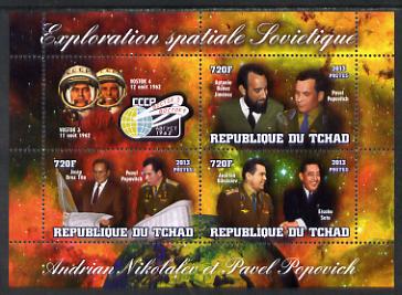 Chad 2013 Soviet Space Exploration - Andriyan Nikolayev & Pavel Popovich #1 perf sheetlet containing three values plus label unmounted mint