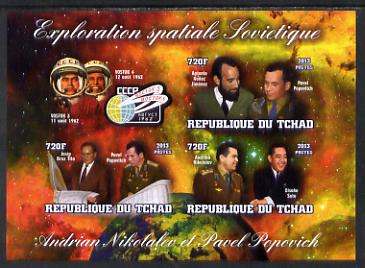 Chad 2013 Soviet Space Exploration - Andriyan Nikolayev & Pavel Popovich #1 imperf sheetlet containing three values plus label unmounted mint