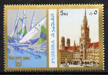 Fujeira 1972 Munich Marienplatz 5R perf se-tenant with label (showing Sailing) from Olympics Games - People & Places set of 20 unmounted mint, Mi 1059A
