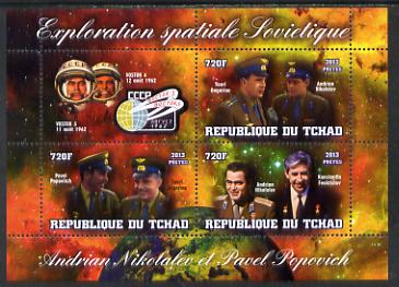 Chad 2013 Soviet Space Exploration - Andriyan Nikolayev & Pavel Popovich #2 perf sheetlet containing three values plus label unmounted mint