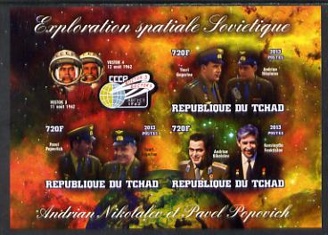 Chad 2013 Soviet Space Exploration - Andriyan Nikolayev & Pavel Popovich #2 imperf sheetlet containing three values plus label unmounted mint