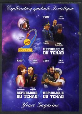 Chad 2013 Soviet Space Exploration - Yuri Gagarin #2 imperf sheetlet containing three values plus label unmounted mint
