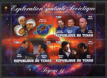 Chad 2013 Soviet Space Exploration - Soyuz 11 #1 perf sheetlet containing three values plus label unmounted mint