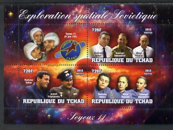 Chad 2013 Soviet Space Exploration - Soyuz 11 #2 perf sheetlet containing three values plus label unmounted mint