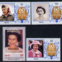 Nevis 1986 Queen's 60th Birthday set of 4 each overprinted SPECIMEN unmounted mint SG 384s-7s