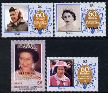 Nevis 1986 Queen's 60th Birthday set of 4 each overprinted SPECIMEN unmounted mint SG 384s-7s