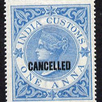 India 1860 QV Customs 1a blue opt'd CANCELLED unmounted mint