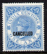 India 1860 QV Customs 1a blue opt'd CANCELLED unmounted mint