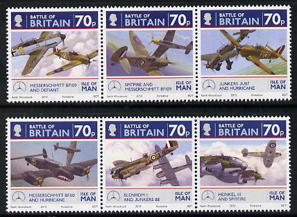 Isle of Man 2010 70th Anniversary of Battle of Britain perf set of 6 (2 se-tenant strips) unmounted mint SG 1584-89