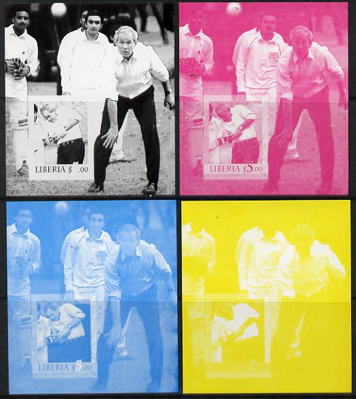 Liberia 2006 President Bush Playing Cricket souvenir sheet - the set of 4 imperf progressive proofs comprising the 4 individual colours plus all 4-colour perf normal, unmounted mint