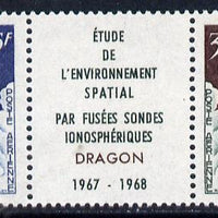 French Southern & Antarctic Territories 1968 Launching of Dragon Space Rockets strip of 3 (2 stamps plus label) unmounted mint SG 47a