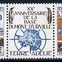 French Southern & Antarctic Territories 1976 20th Anniversary of Dumont D'Urville Base perf strip (2 values plus label) unmounted mint SG 107a