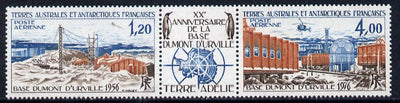 French Southern & Antarctic Territories 1976 20th Anniversary of Dumont D'Urville Base perf strip (2 values plus label) unmounted mint SG 107a