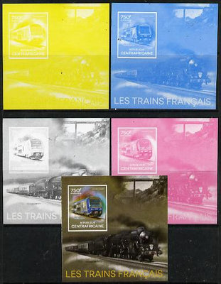 Central African Republic 2014 Trains of France #1 deluxe sheetlet - the set of 5 imperf progressive proofs comprising the 4 individual colours plus all 4-colour composite, unmounted mint
