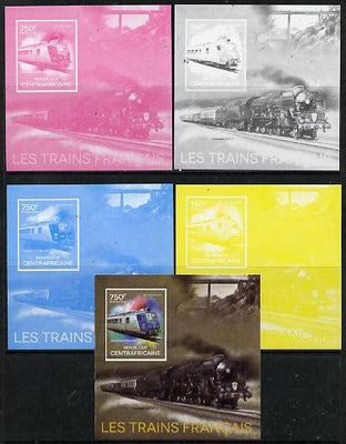 Central African Republic 2014 Trains of France #3 deluxe sheetlet - the set of 5 imperf progressive proofs comprising the 4 individual colours plus all 4-colour composite, unmounted mint