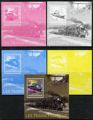 Central African Republic 2014 Trains of France #4 deluxe sheetlet - the set of 5 imperf progressive proofs comprising the 4 individual colours plus all 4-colour composite, unmounted mint