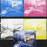 Togo 2014 High-Speed Trains #3 deluxe sheetlet - the set of 5 imperf progressive proofs comprising the 4 individual colours plus all 4-colour composite, unmounted mint