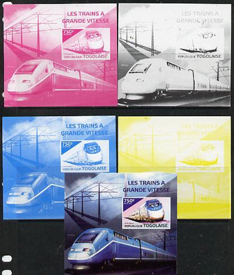 Togo 2014 High-Speed Trains #4 deluxe sheetlet - the set of 5 imperf progressive proofs comprising the 4 individual colours plus all 4-colour composite, unmounted mint