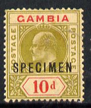 Gambia 1904-06 KE7 MCA 10d overprinted SPECIMEN showing the club-foot M variety with gum but overall toning SG 66s (only 13 can exist)