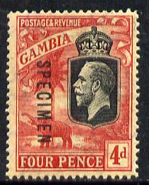 Gambia 1922-29 KG5 MCA Elephant & Palm 4d black & red on yellow overprinted SPECIMEN with gum and only about 400 produced SG 118s