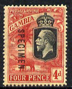 Gambia 1922-29 KG5 MCA Elephant & Palm 4d black & red on yellow overprinted SPECIMEN with gum and only about 400 produced SG 118s