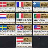 Match Box Labels - complete set of 10 National Flags & Currencies, superb unused condition (Danish)