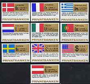 Match Box Labels - complete set of 10 National Flags & Currencies, superb unused condition (Danish)
