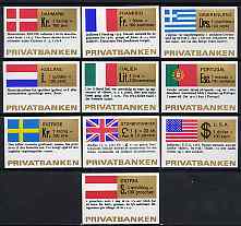 Match Box Labels - complete set of 10 National Flags & Currencies, superb unused condition (Danish)