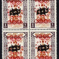 Dubai 1964 Olympic Games 1np (Scouts Gymnastics) block of 4 unmounted mint opt'd with SG type 12 (shield in black, inscription in red (both elements doubled - one upright & one inverted)