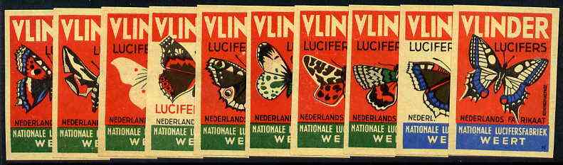 Match Box Labels - complete set of 10 Butterflies, superb unused condition (Dutch Vlinder series)