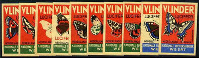 Match Box Labels - complete set of 10 Butterflies, superb unused condition (Dutch Vlinder series)