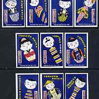 Match Box Labels - complete set of 10 Stylised Japanese Costumes, superb unused condition (Japanese Harima Match Co)