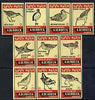 Match Box Labels - complete set of 10 Birds, superb unused condition (De Roeck of Belgium)