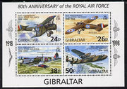 Gibraltar 1998 80th Anniversary of Royal Air Force perf m/sheet containing 4 values unmounted mint, SG MS 833