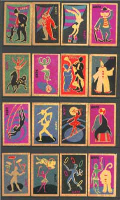 Match Box Labels - complete set of 16 Circus, superb unused condition (Russian)