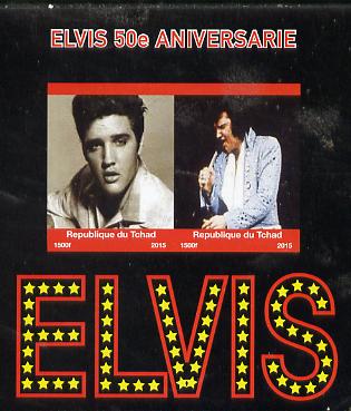 Chad 2015 Elvis 50th Death Anniversary imperf sheetlet containing 2 values unmounted mint. Note this item is privately produced and is offered purely on its thematic appeal. .